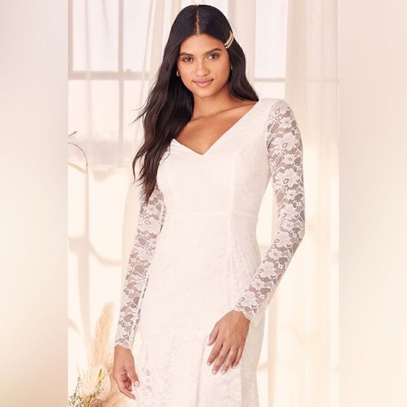 NEW Lulu’s Make it Last Forever White Lace Long Sleeve Mermaid Maxi Dres… - Picture 3 of 6